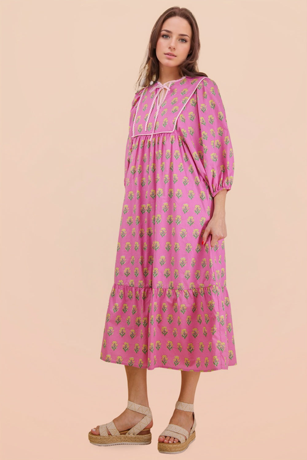 Pink Floral Half Sleeve Dress