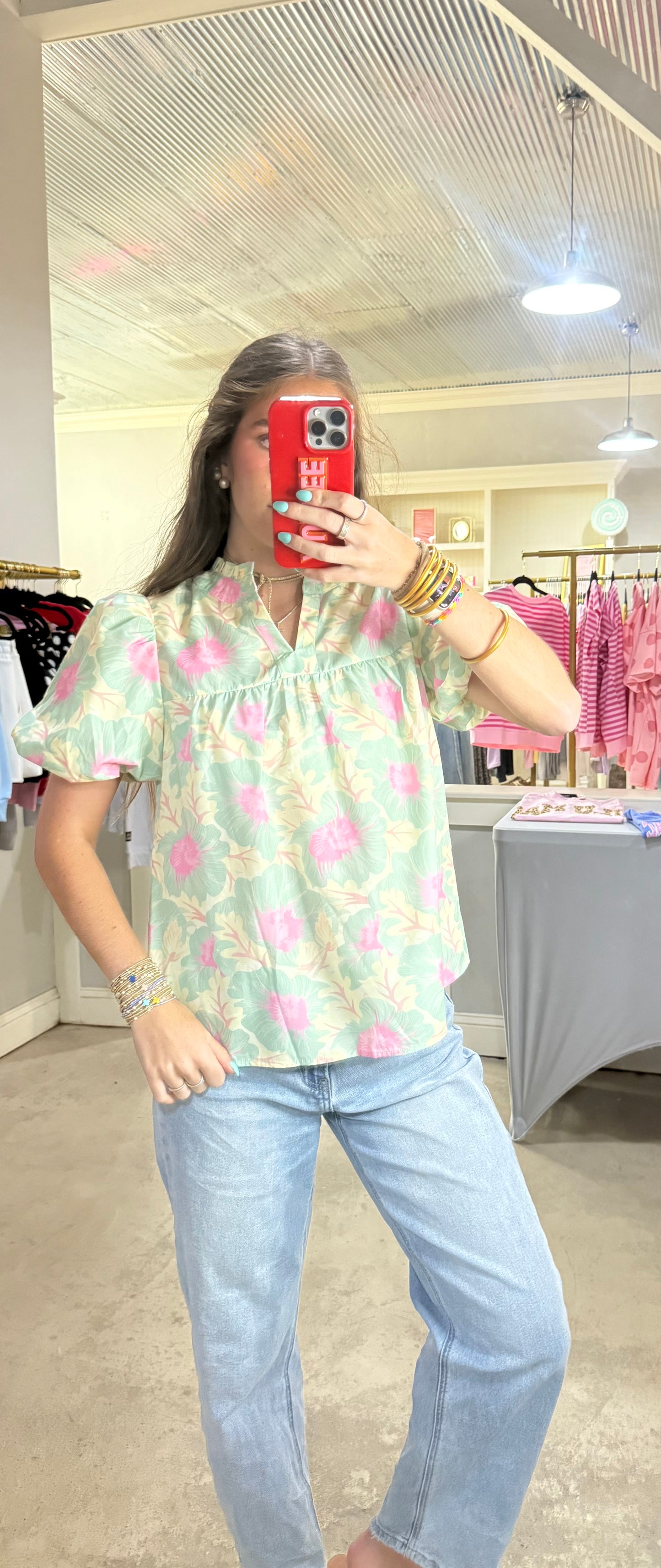 Green Floral Puff Sleeve Top
