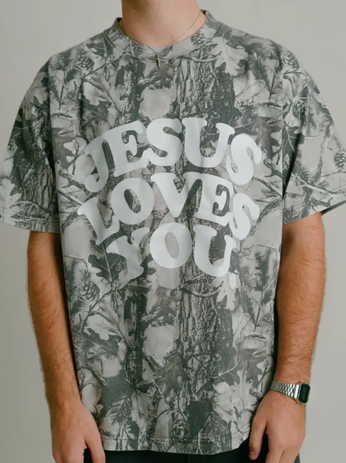 Grey Camo Jesus Loves You Tee
