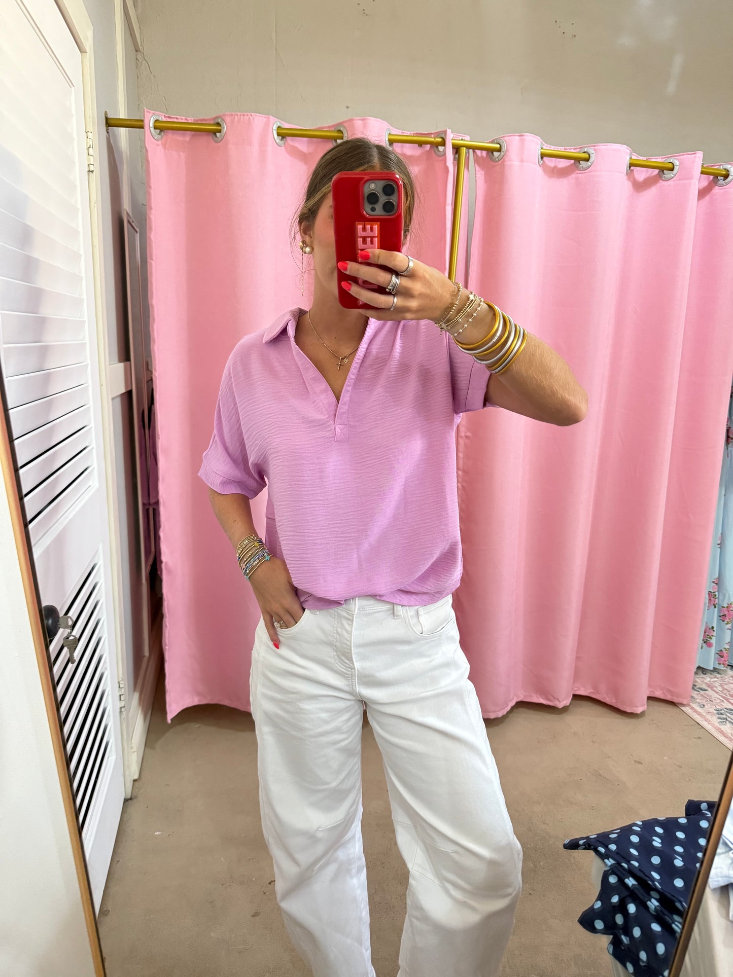 Pink V-Neck Collared Top
