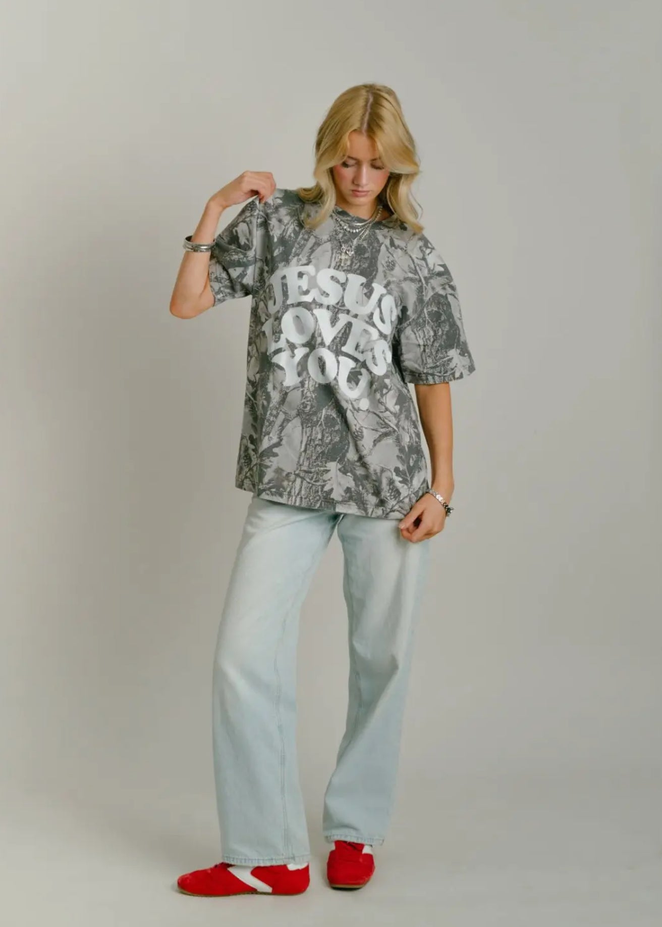 Grey Camo Jesus Loves You Tee