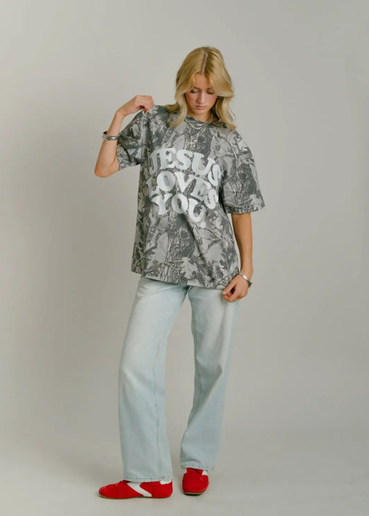 Grey Camo Jesus Loves You Tee