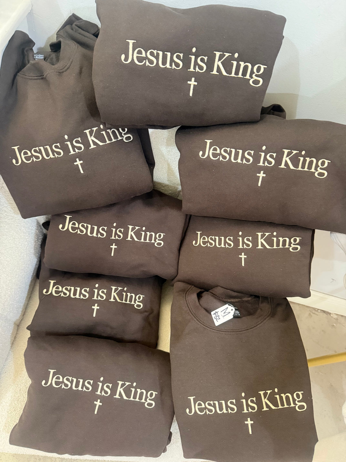 Brown/Tan Jesus is King embroidered Gildan sweatshirt