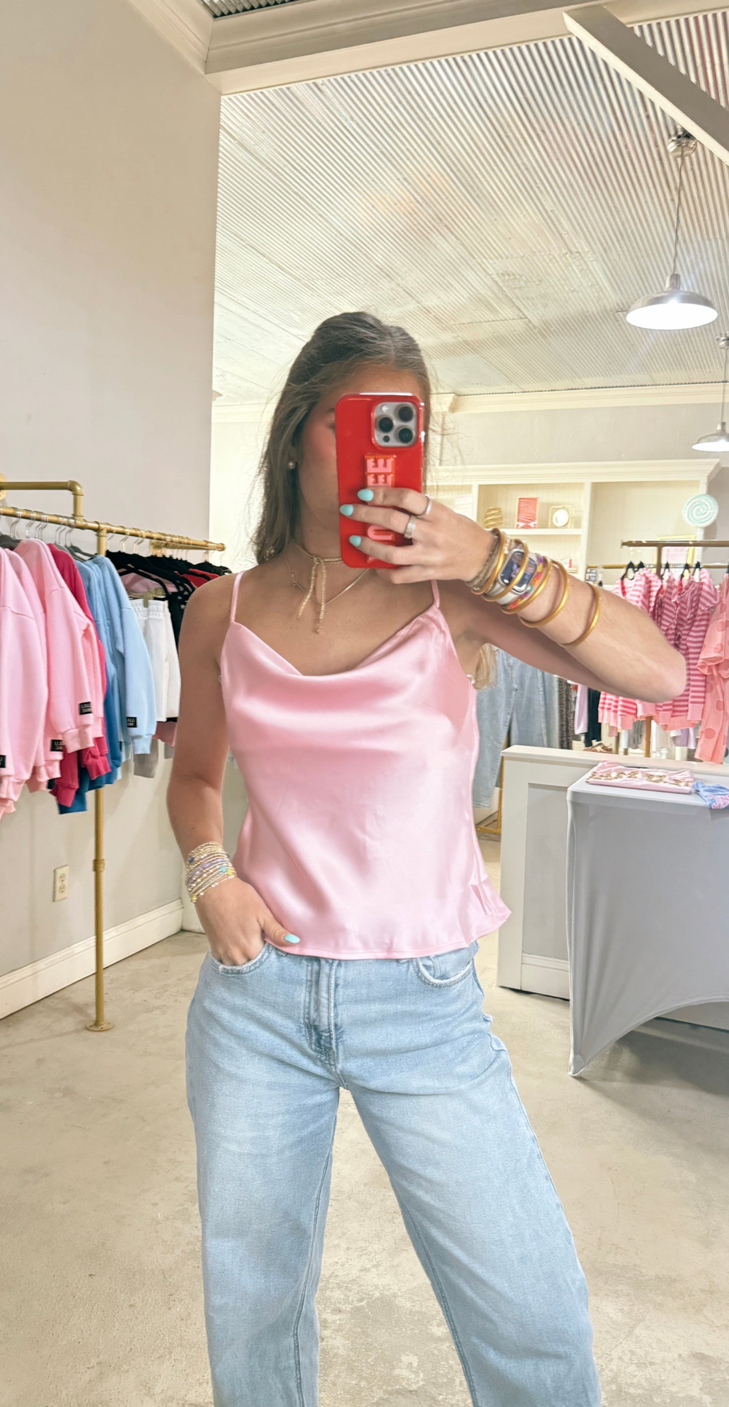 Pink Cowl Neck Satin Tank