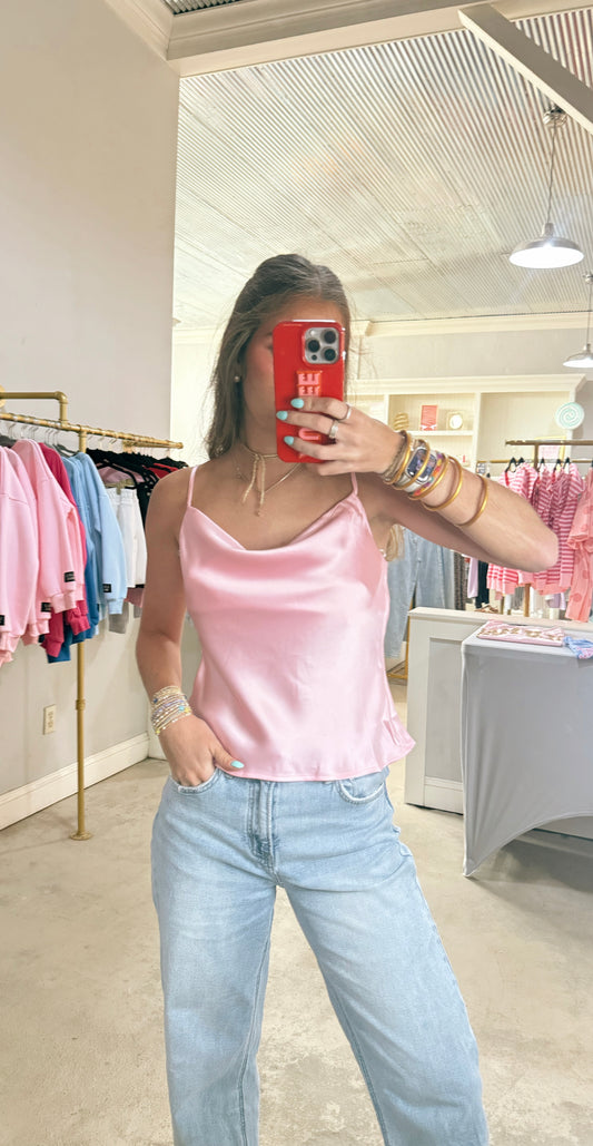 Pink Cowl Neck Satin Tank