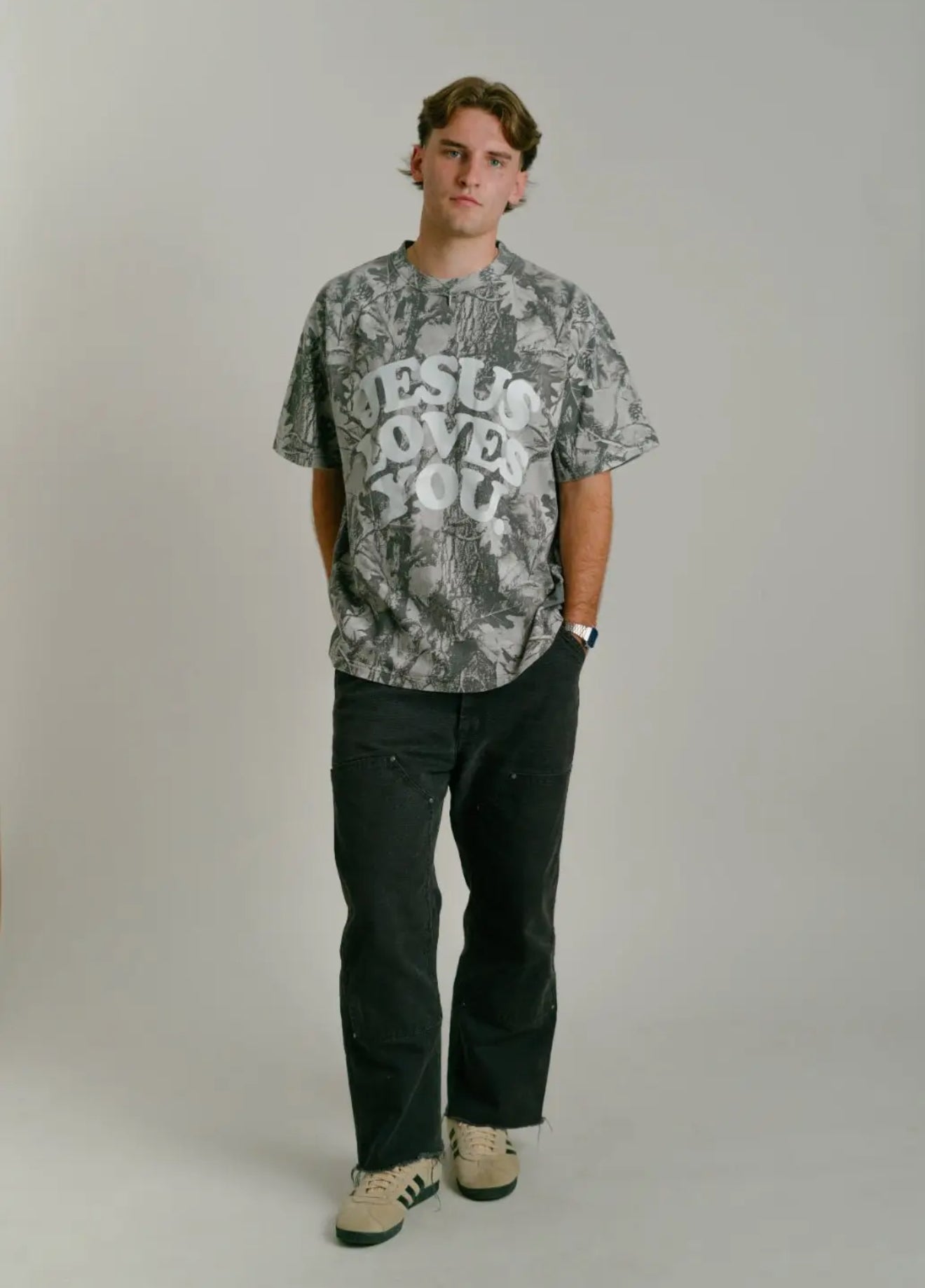 Grey Camo Jesus Loves You Tee