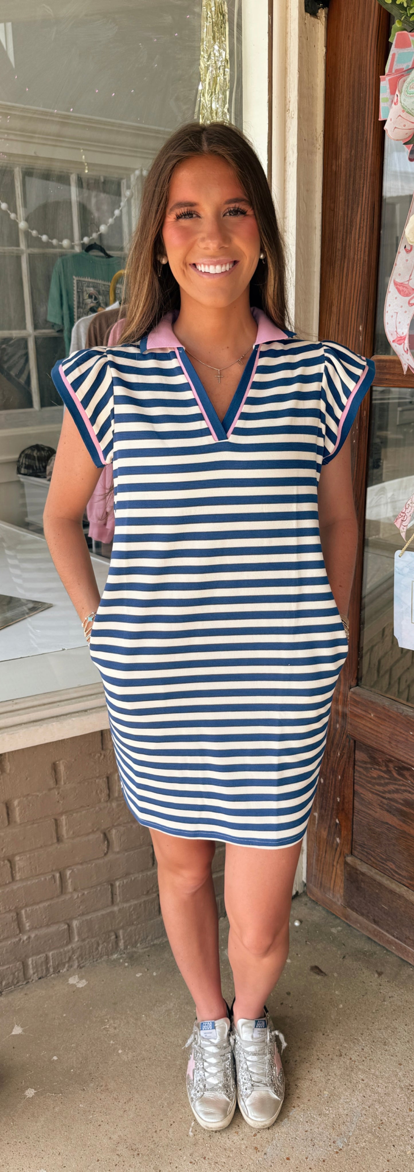 Blue and Pink Stripe Dress with Pockets