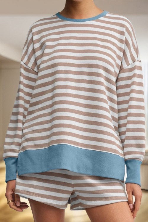 Tan & Blue Stripe Short Set