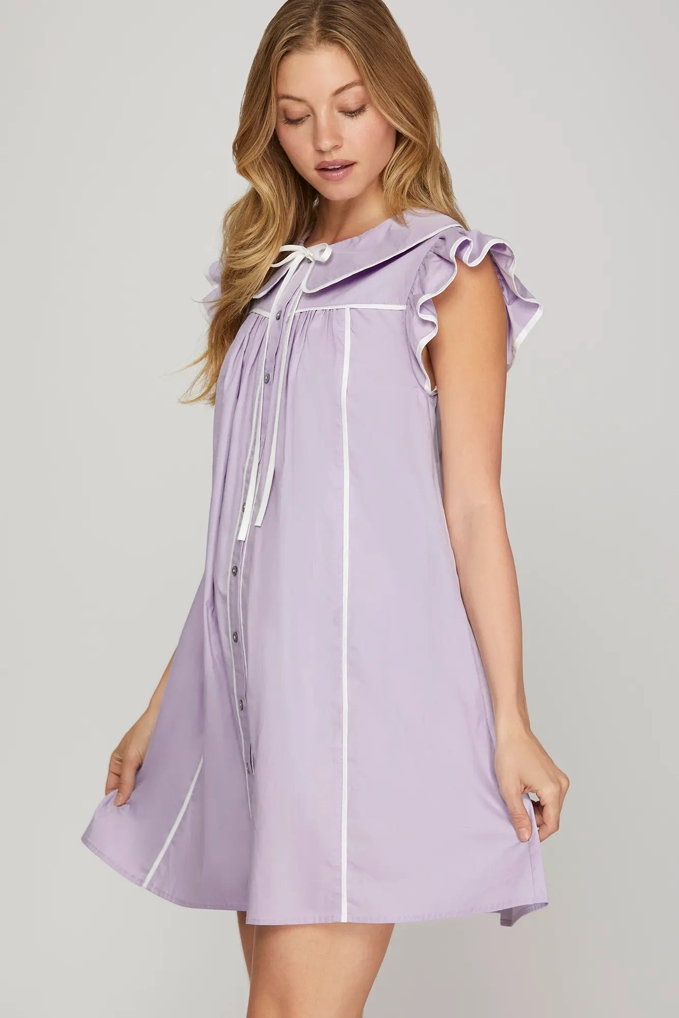 Lilac Flutter Sleeve Collar Dress