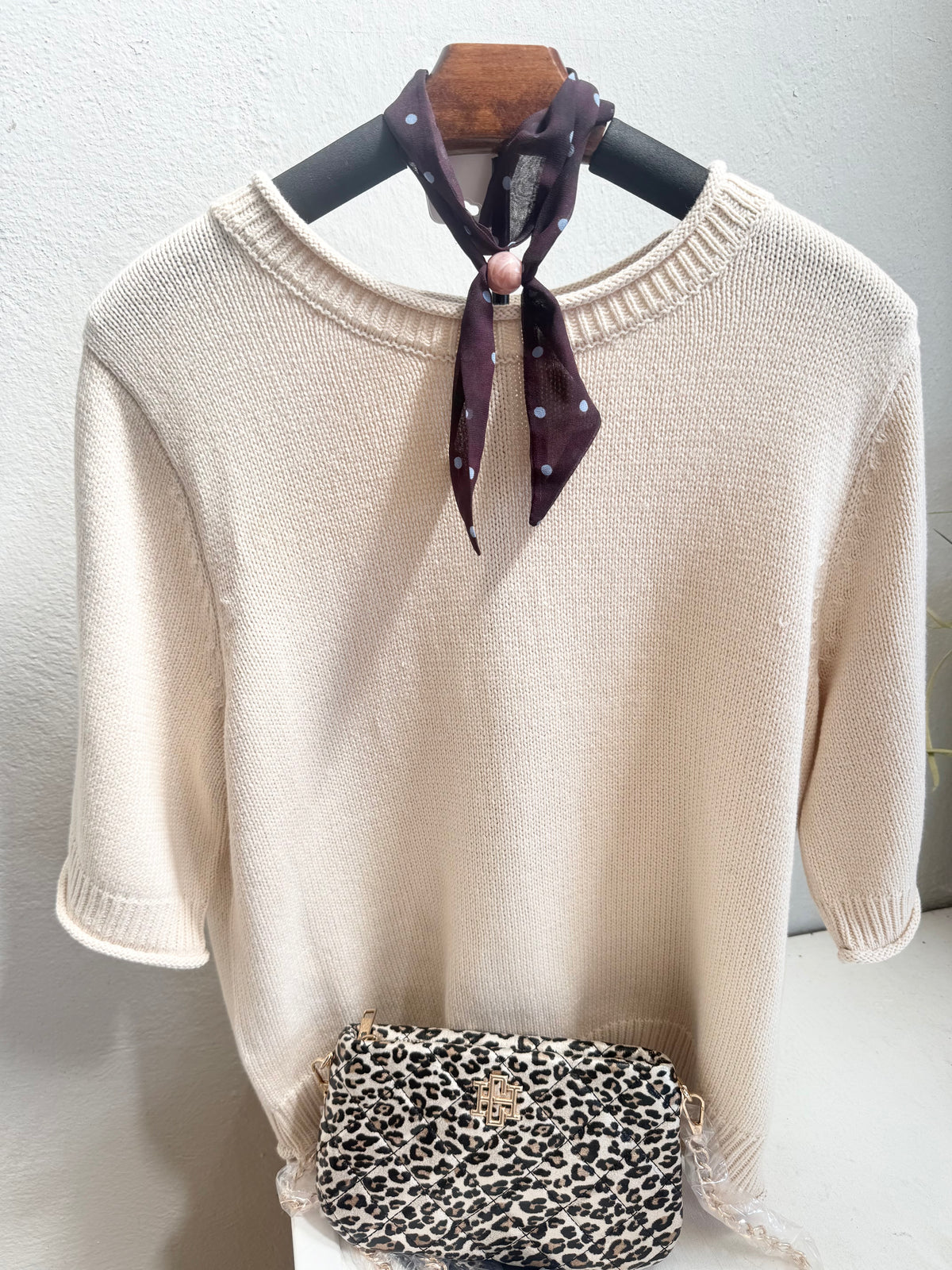 Cream Simple Short Sleeve Sweater