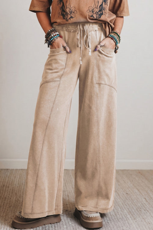 Khaki Wide Leg Pants with Pockets