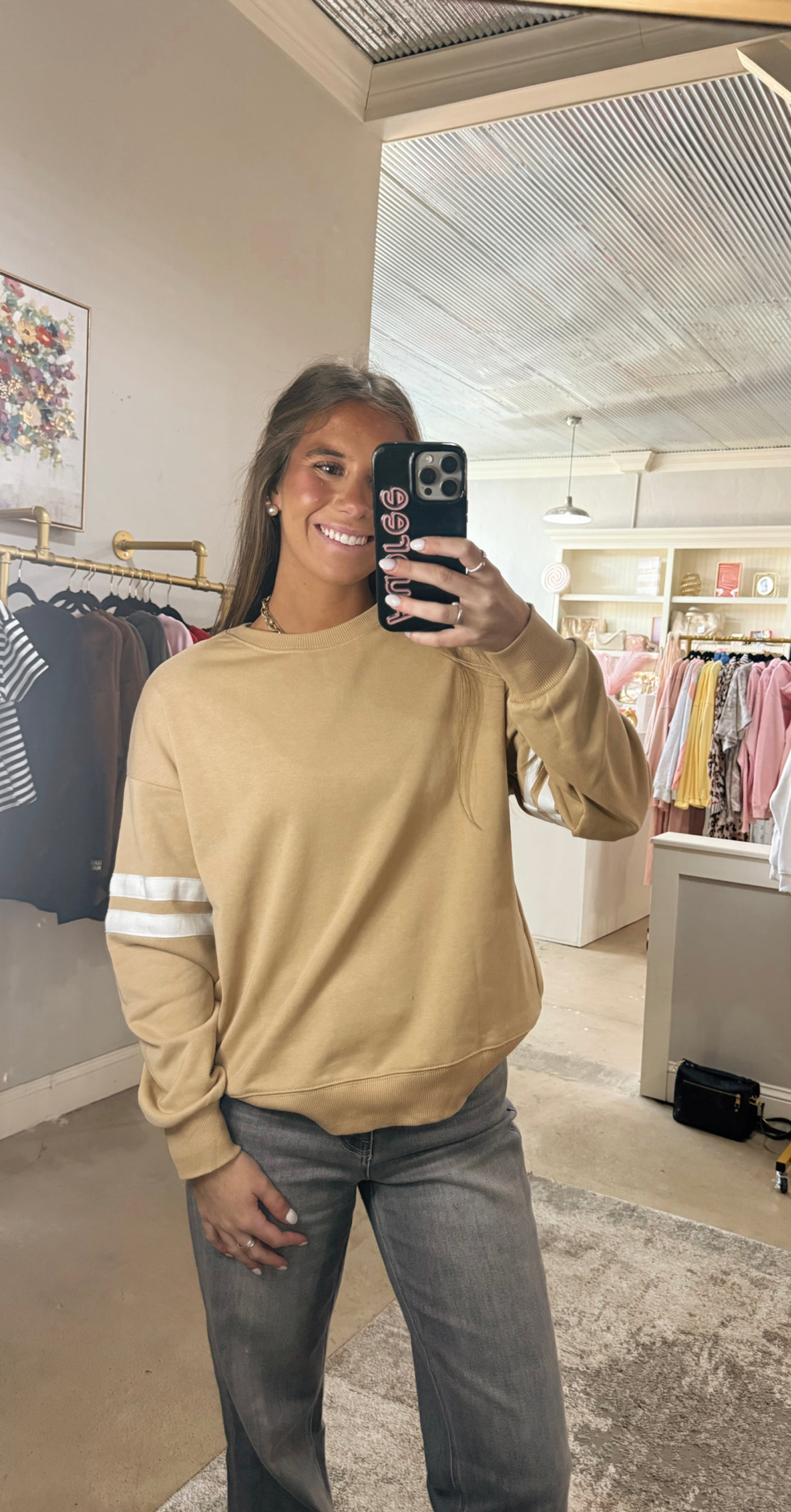 Tan Varsity Striped Sweatshirt