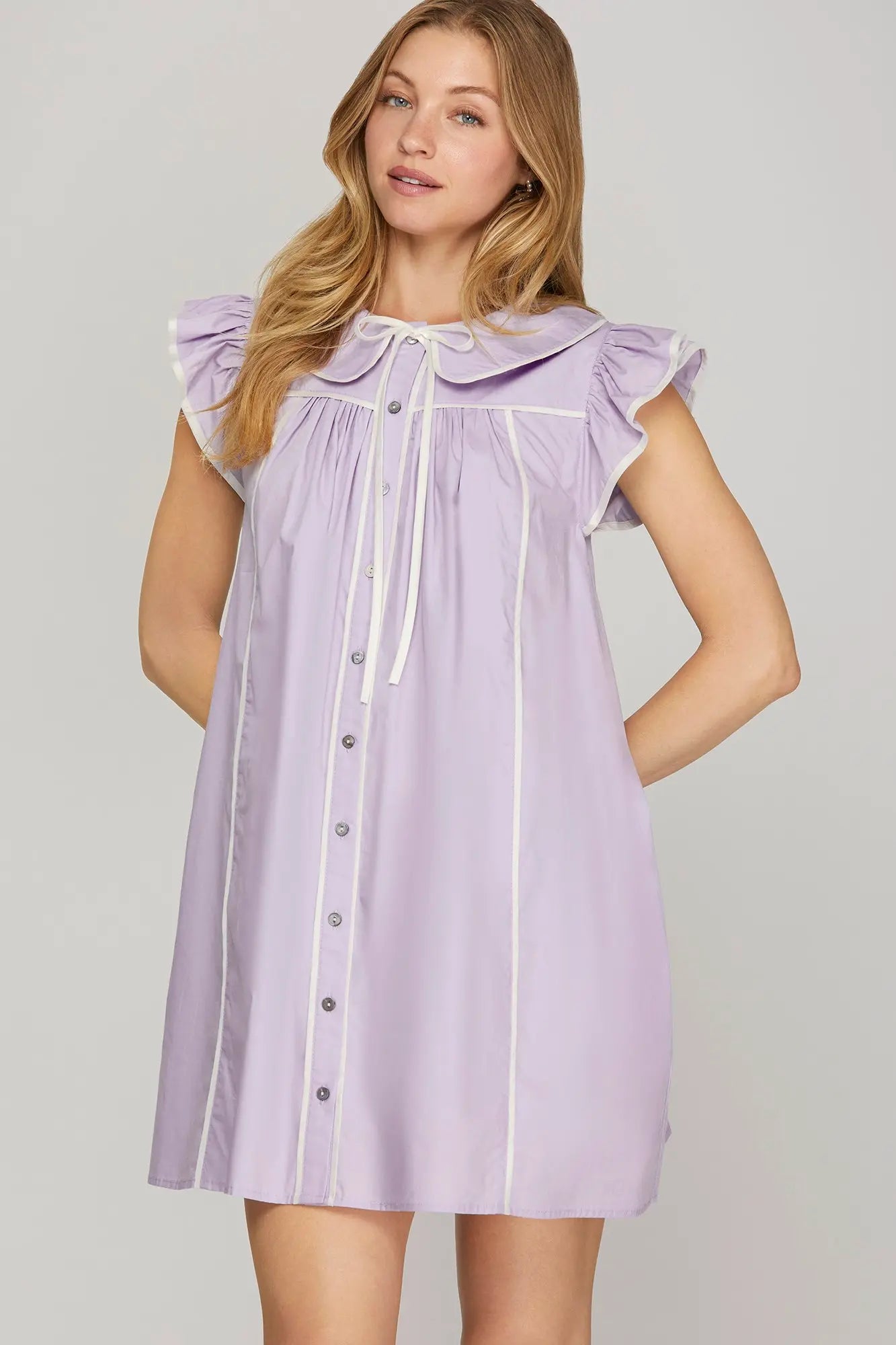 Lilac Flutter Sleeve Collar Dress