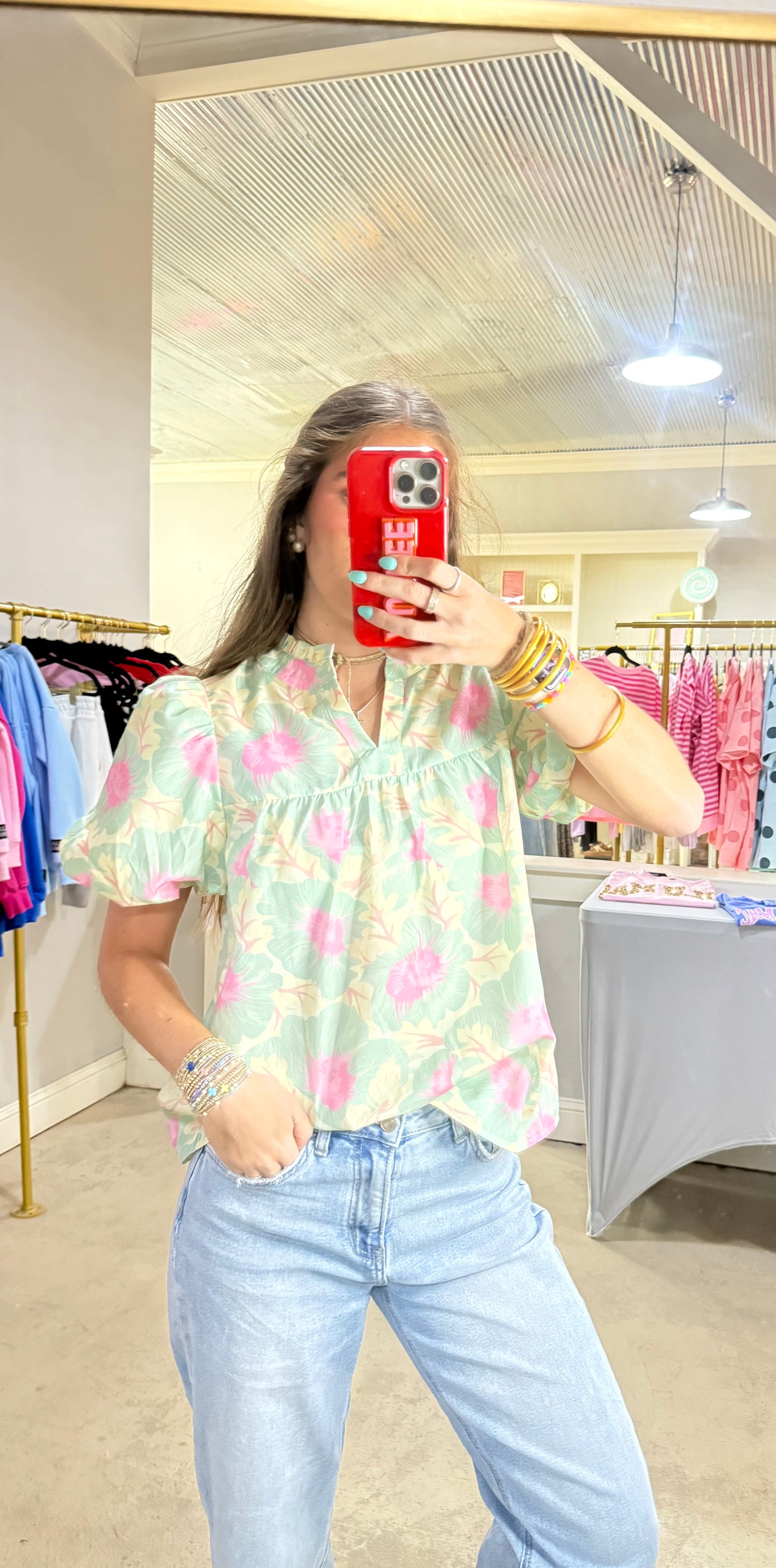 Green Floral Puff Sleeve Top