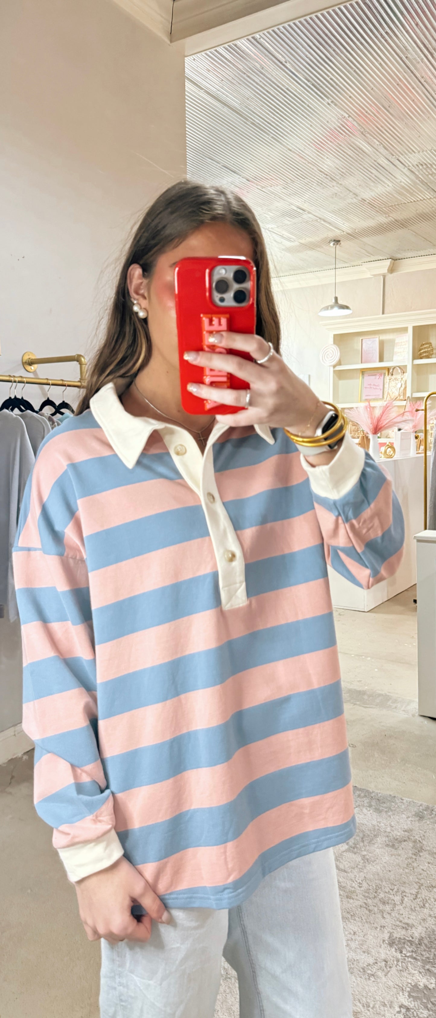 Blue & Coral Striped Top