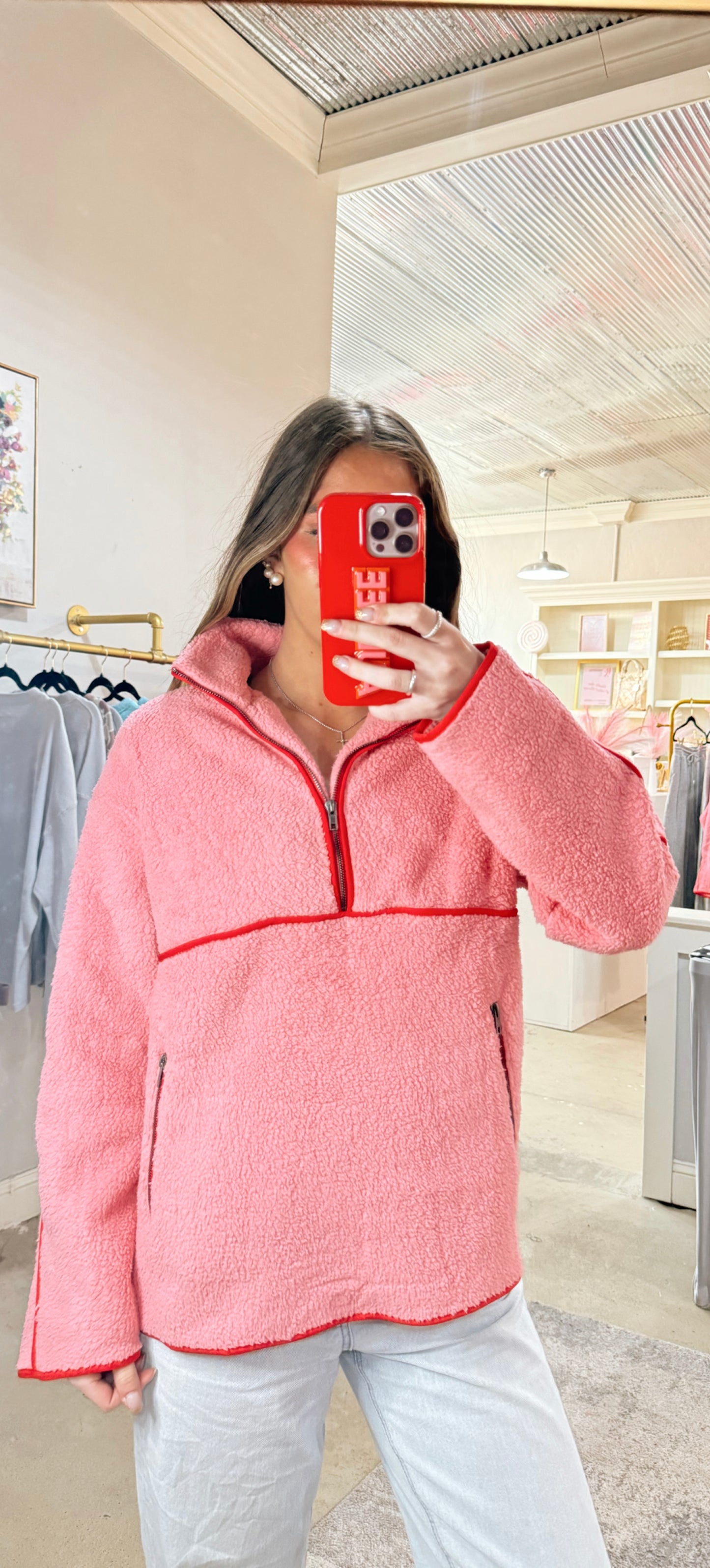 Pink & Red Sherpa Pullover