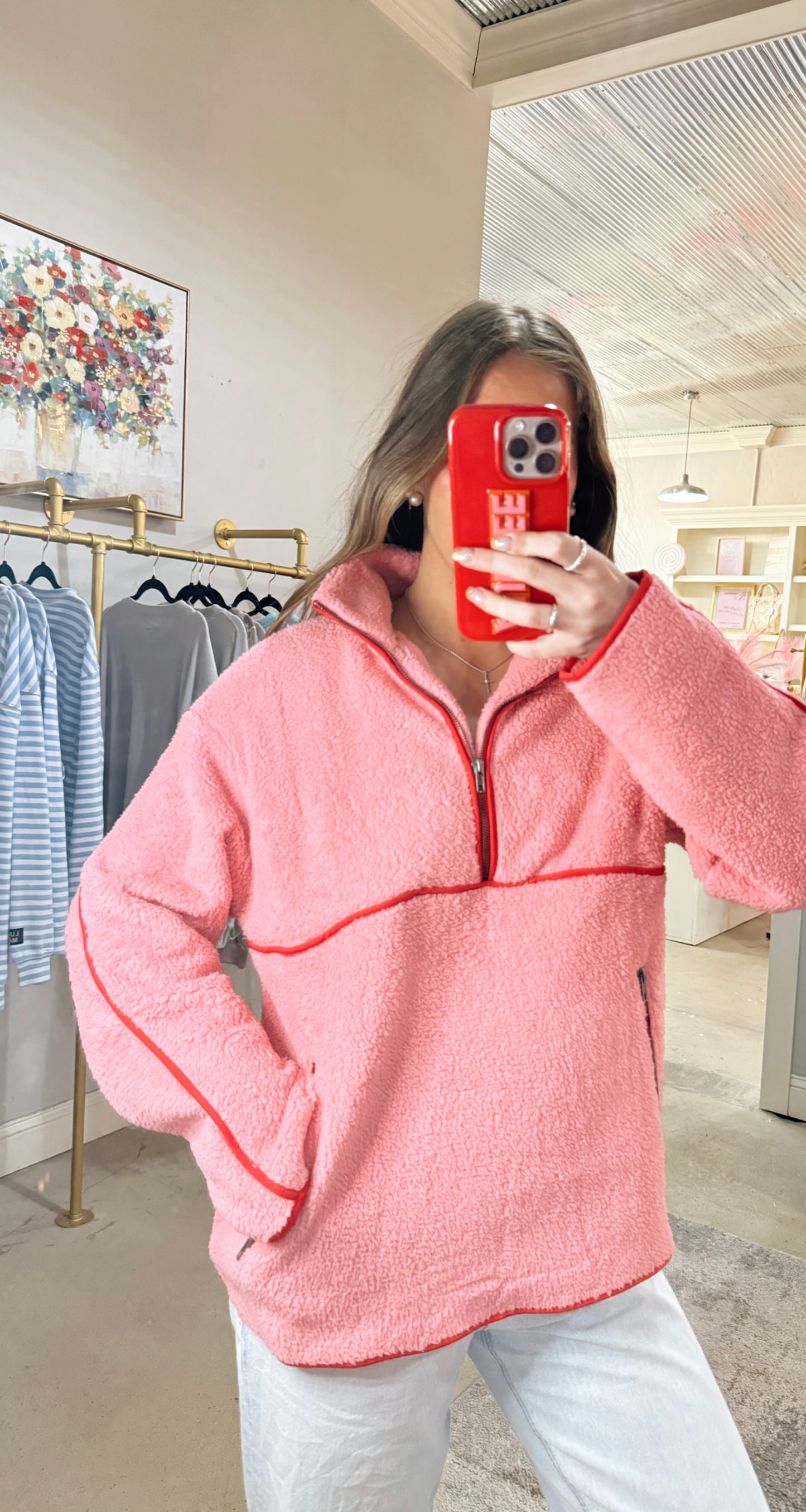 Pink & Red Sherpa Pullover