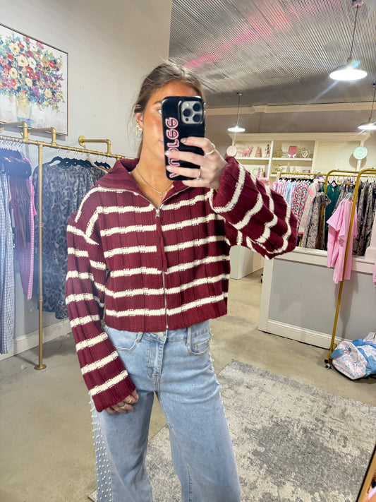 Maroon & White Striped Zip Up