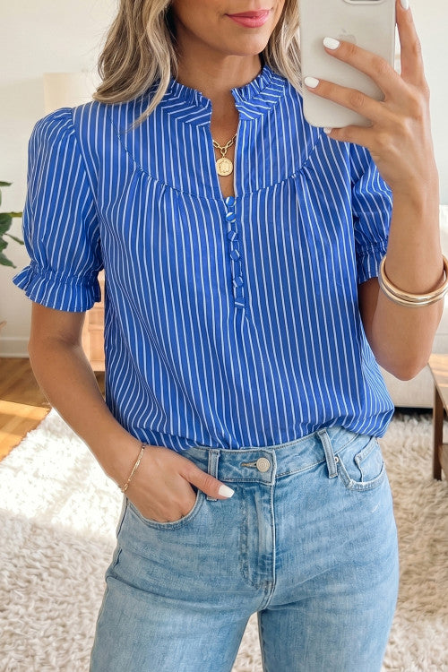 Blue Striped Top + Puff Sleeves