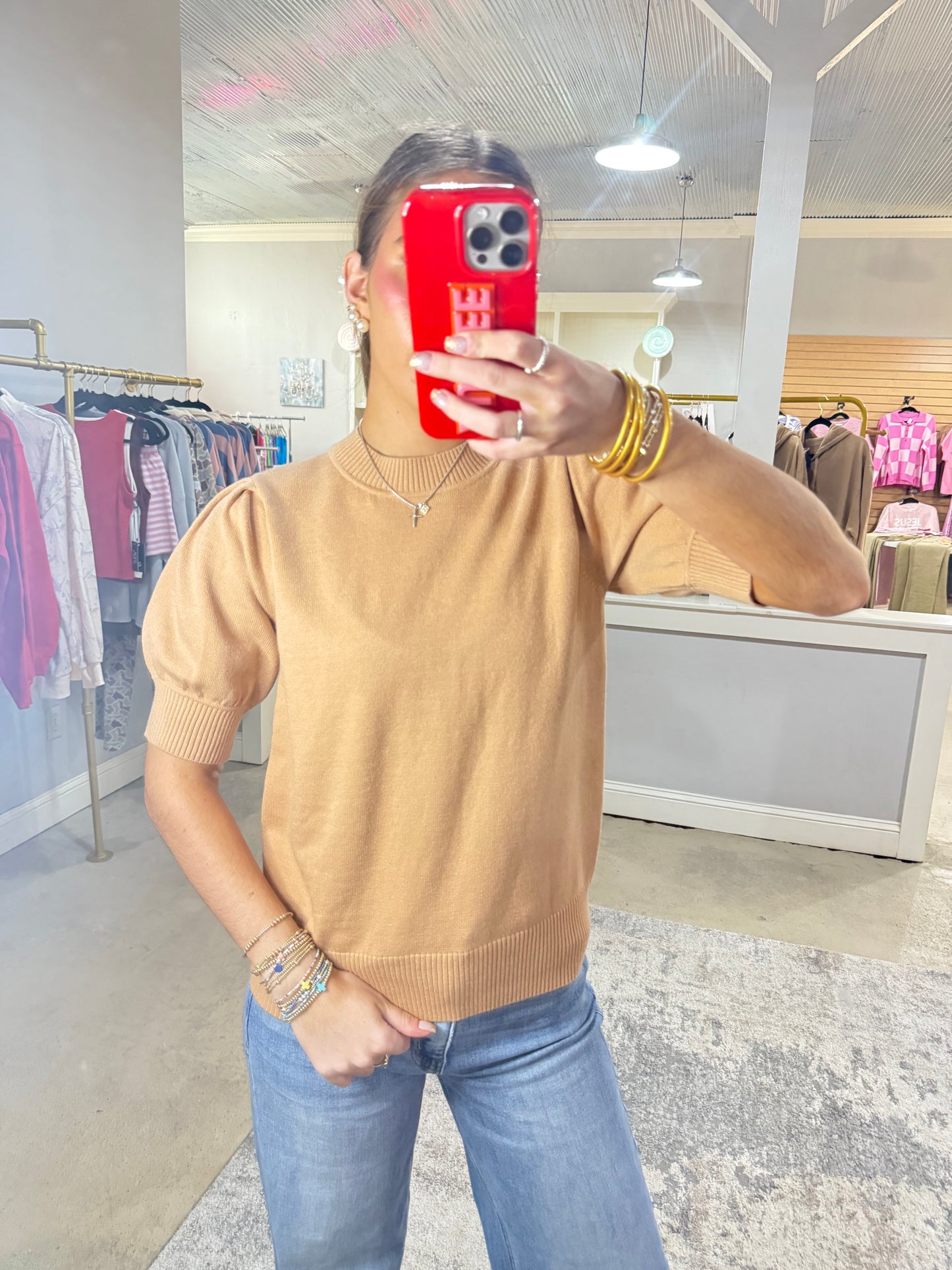 Tan Puff Sleeve Sweater