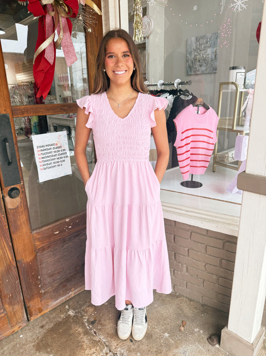 Pink Flutter Sleeve Dress