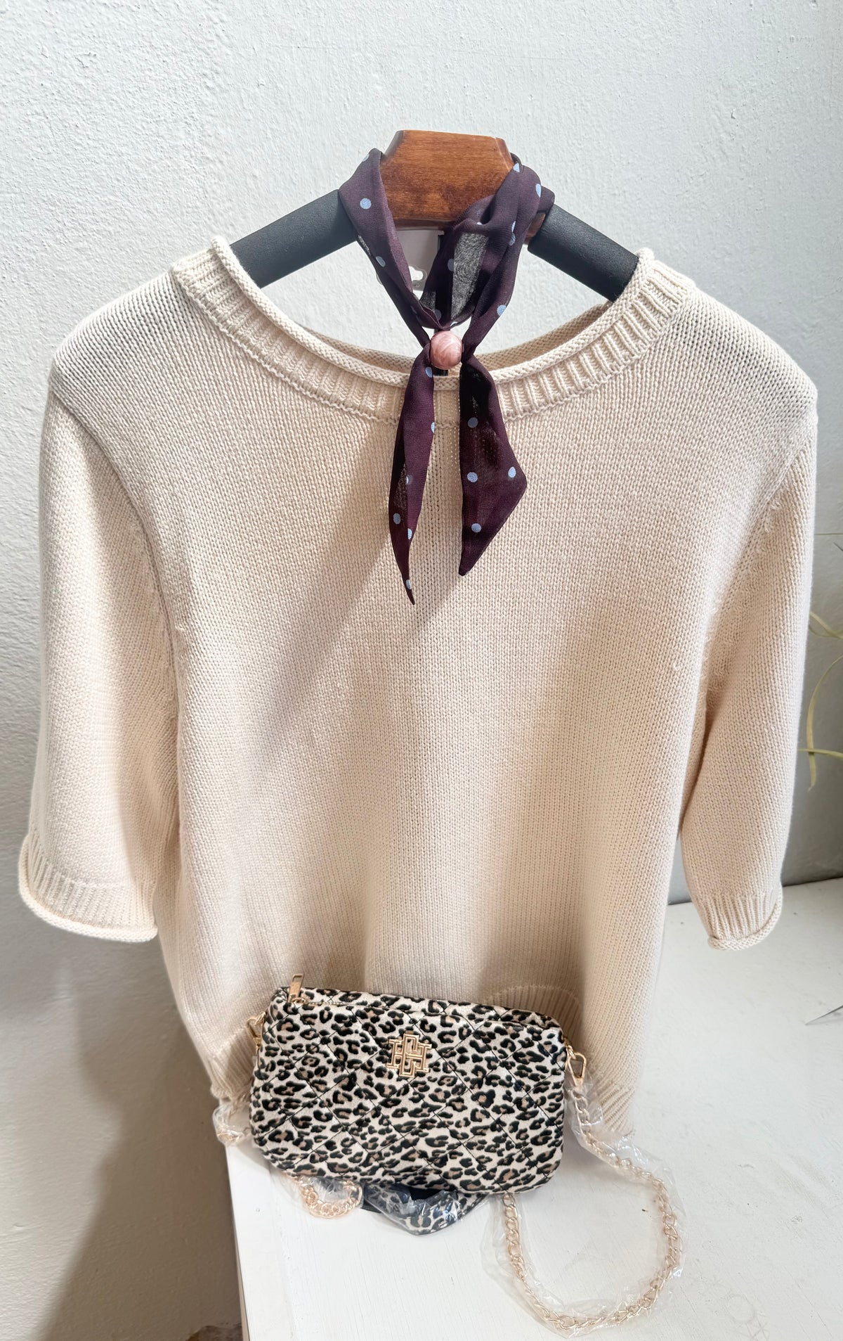 Cream Simple Short Sleeve Sweater
