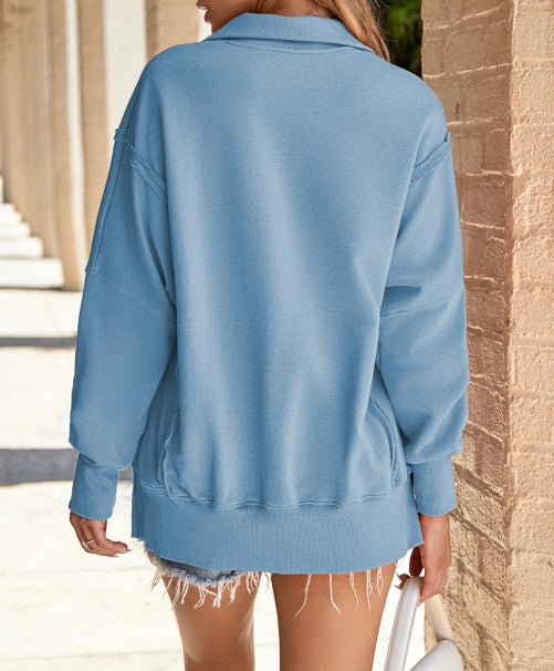 Light Blue Button Sweatshirt With Side Slits