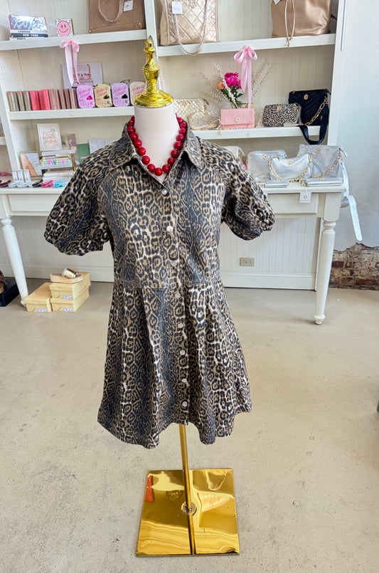 Leopard Denim Pleated Dress
