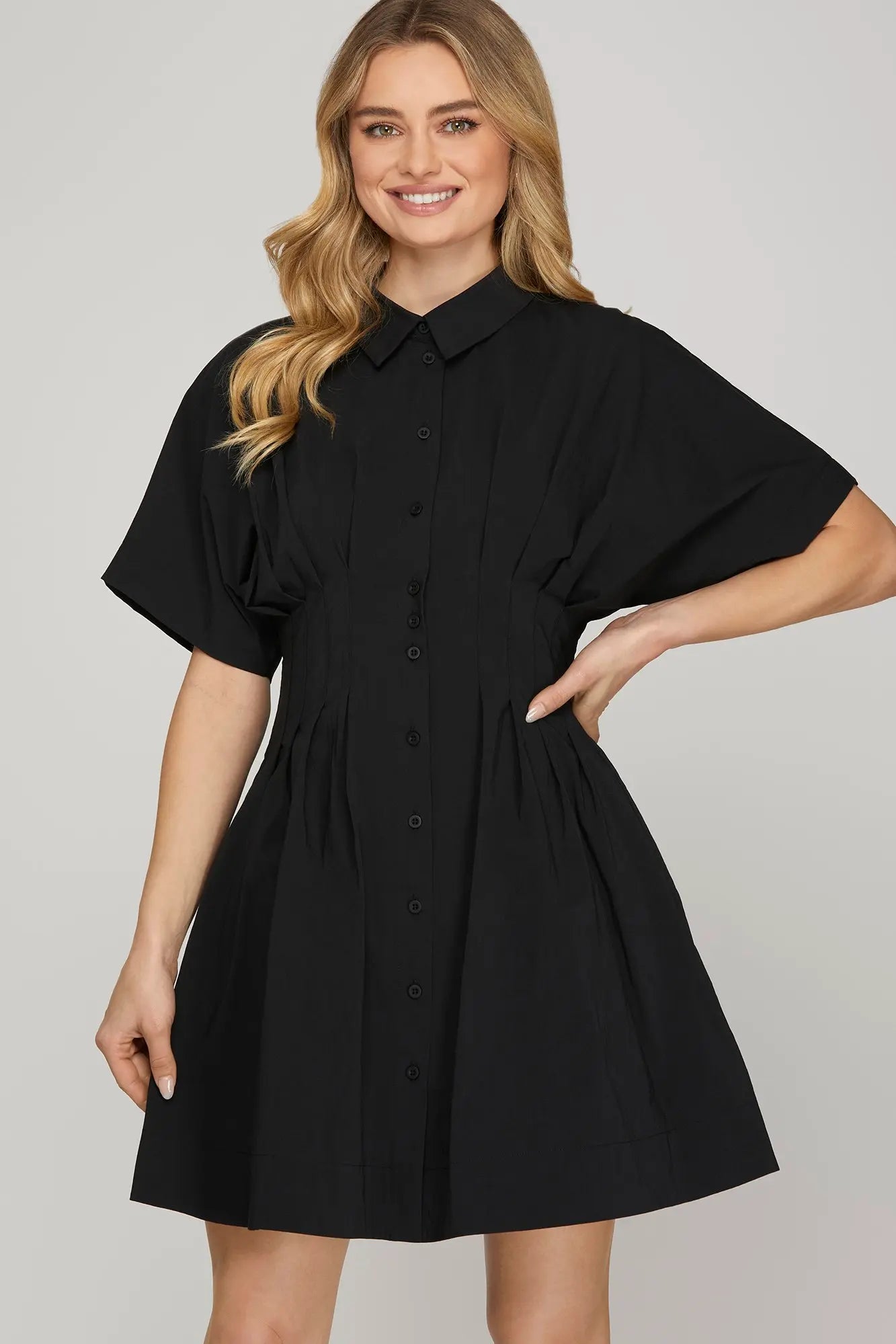 Black Pleated Button Dress with Pockets