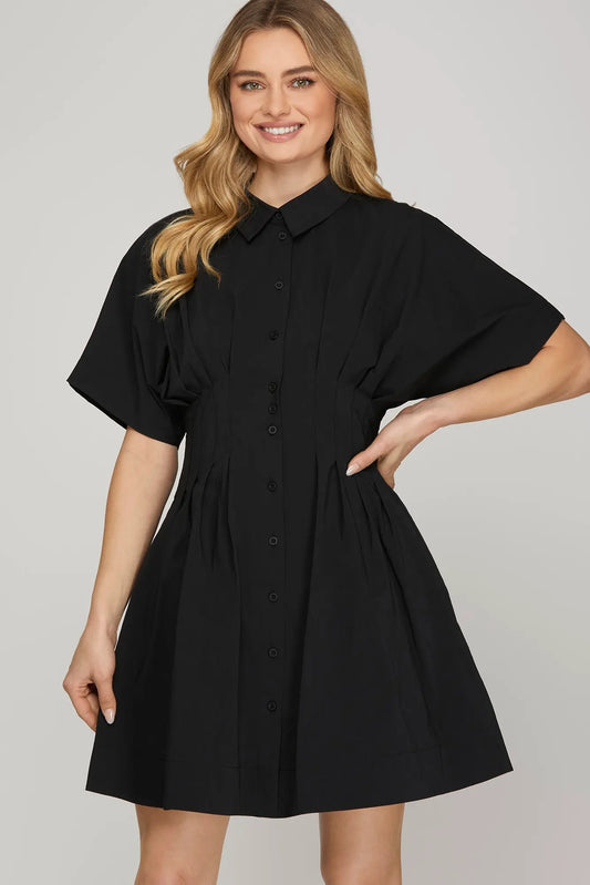 Black Pleated Button Dress with Pockets