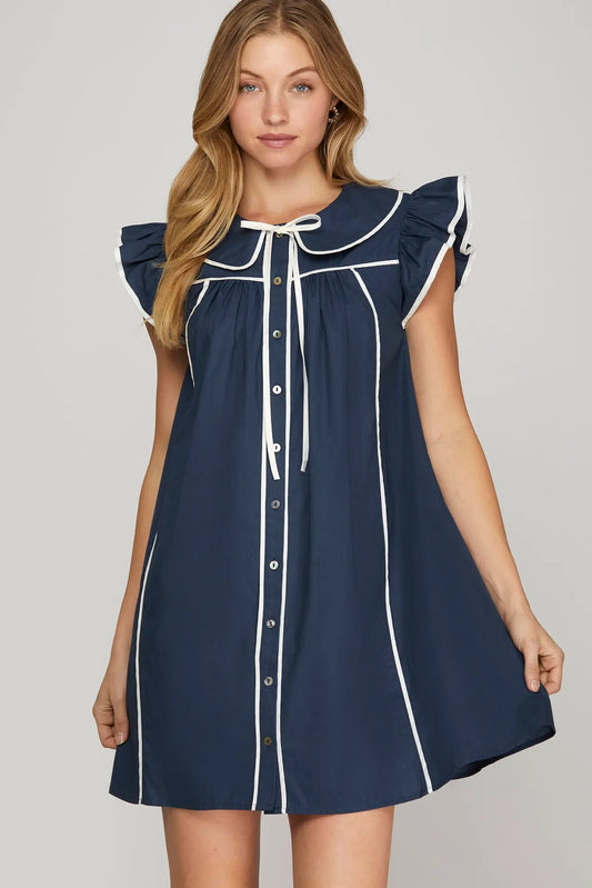 Navy Flutter Sleeve Collar Dress
