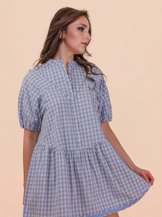 Blue Checkered Button Dress