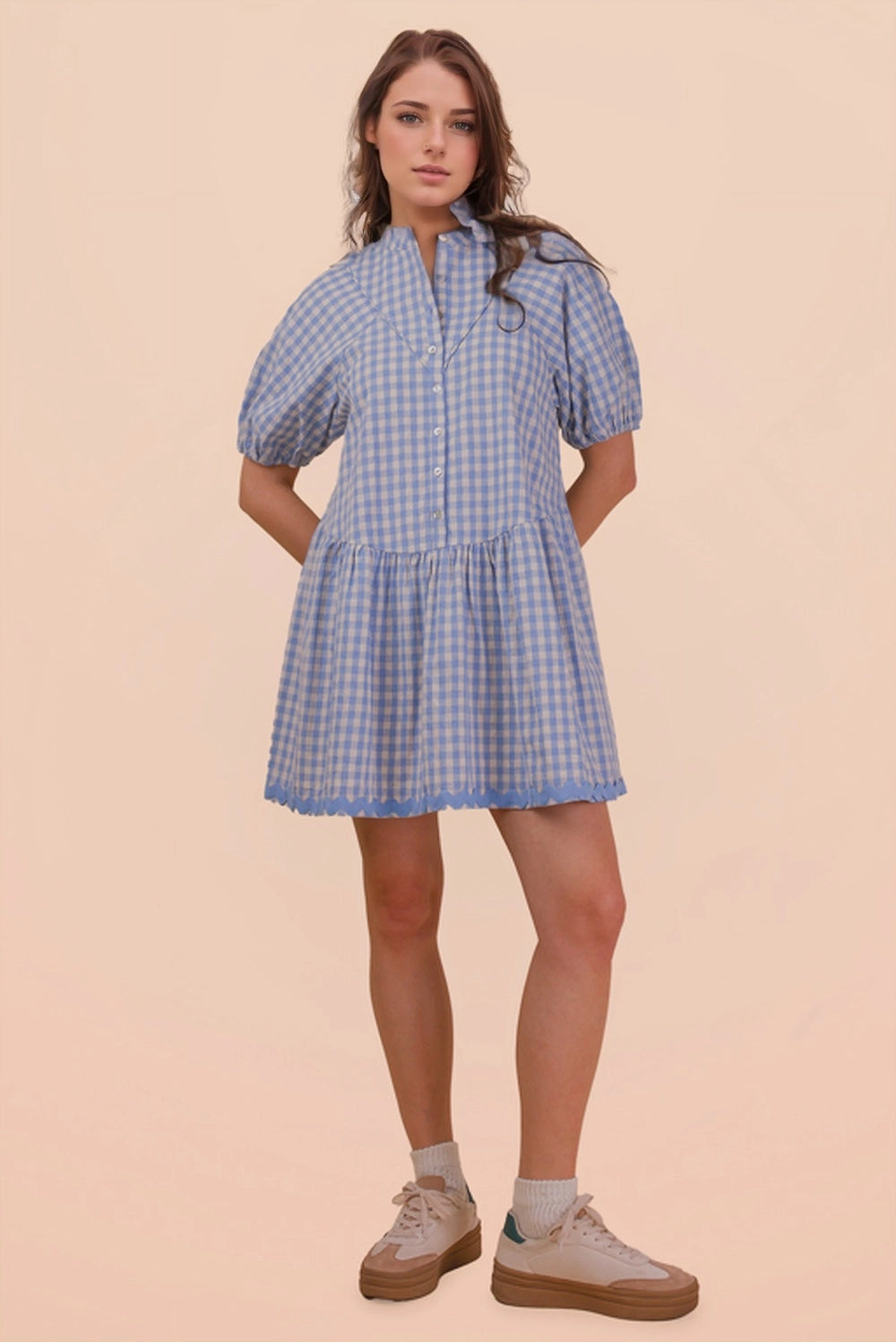 Blue Checkered Button Dress