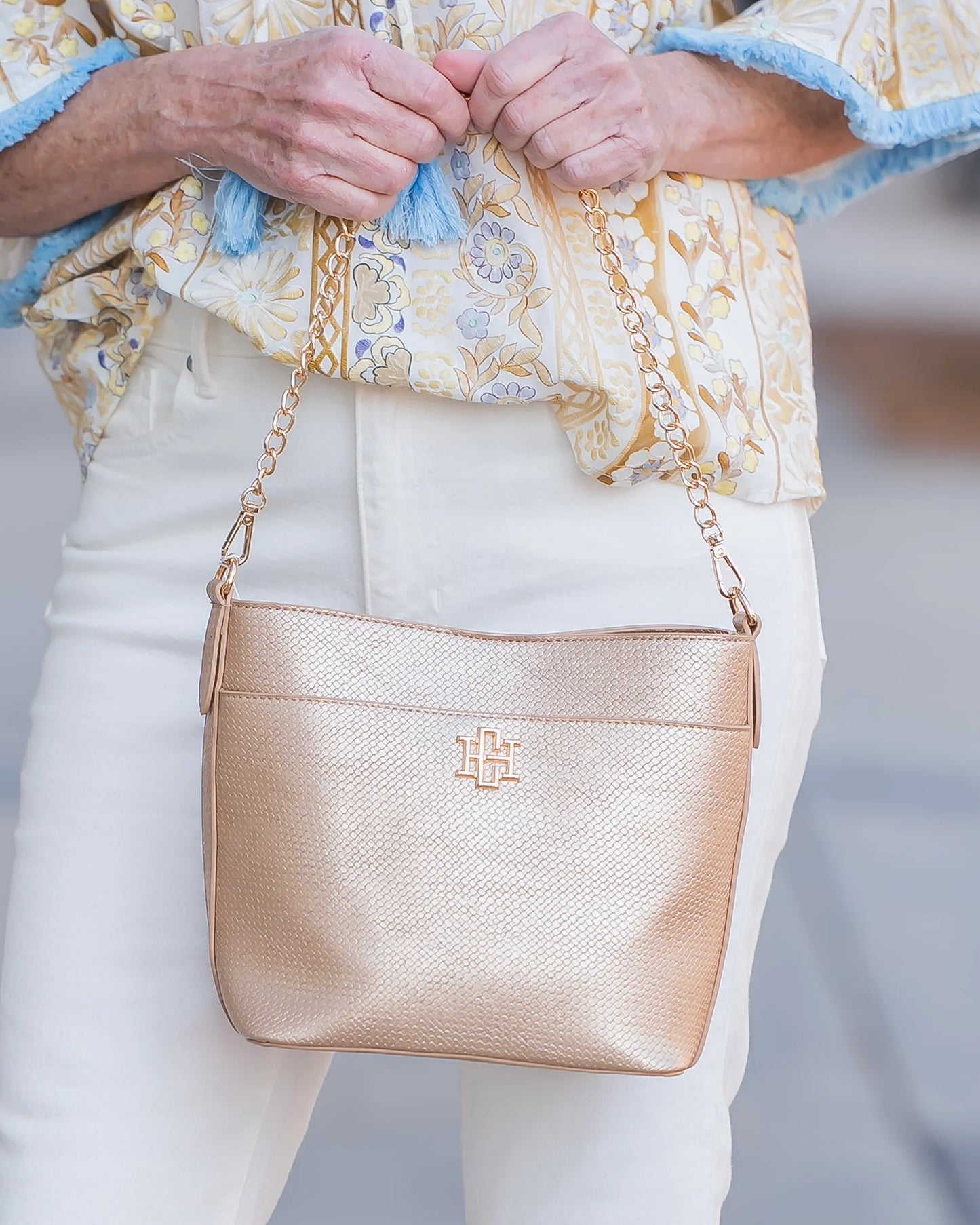 Caroline Hill Woven Gold Bucket Bag
