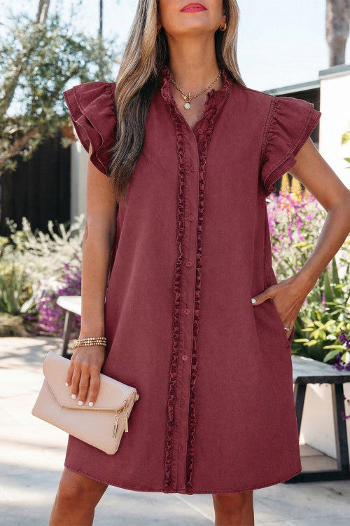 Maroon Denim Dress with Ruffle Detail