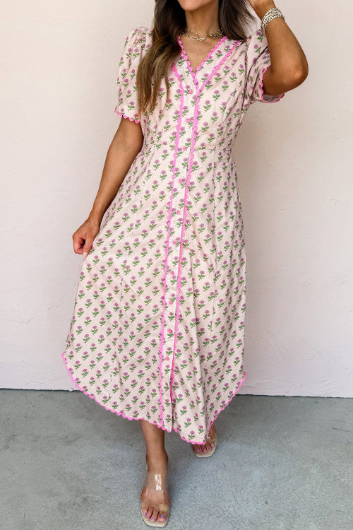 Pink Floral Maxi Dress with Scallop Detail