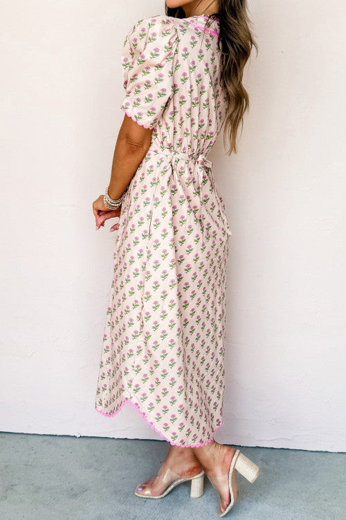 Pink Floral Maxi Dress with Scallop Detail