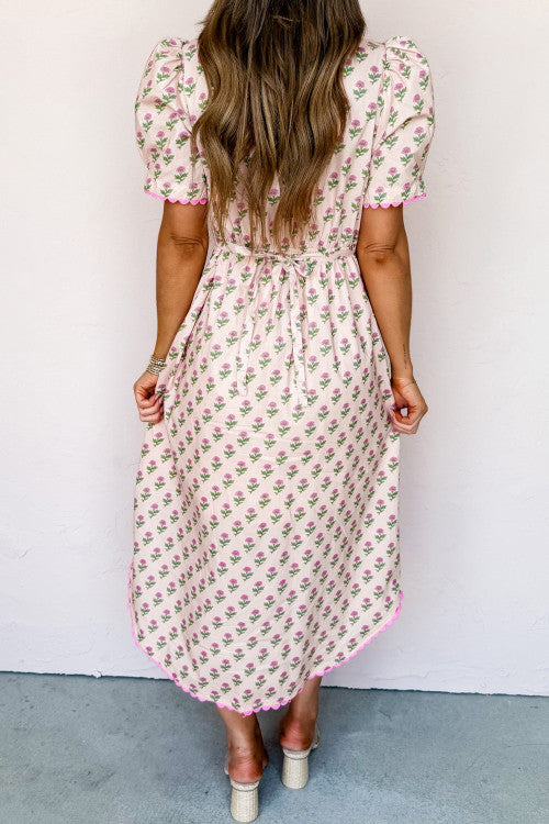 Pink Floral Maxi Dress with Scallop Detail