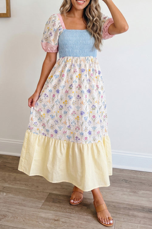 Multicolor Floral Print Patchwork Dress with Pockets