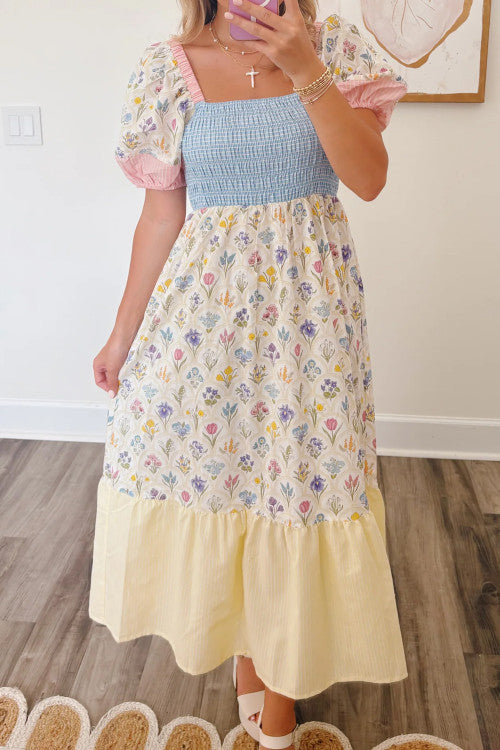 Multicolor Floral Print Patchwork Dress with Pockets