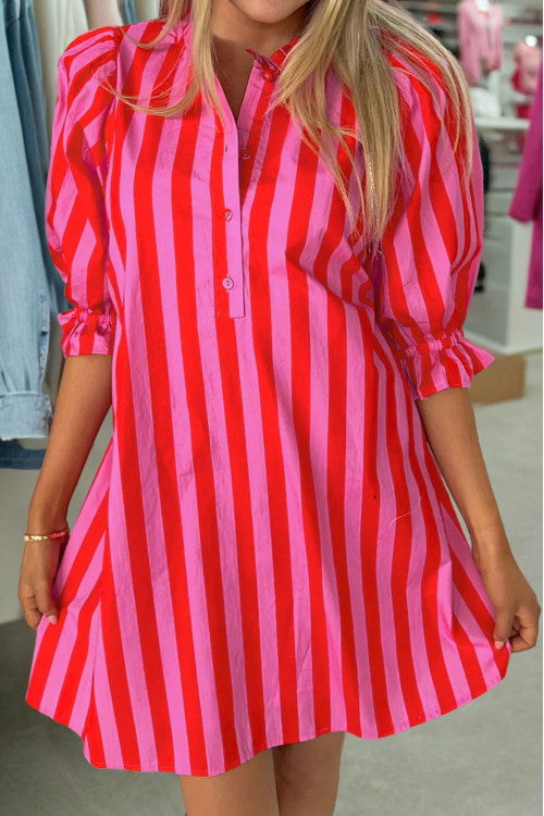 Red Stripe Button Dress with Pockets