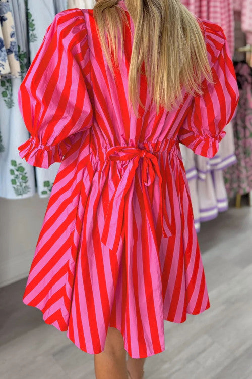 Red Stripe Button Dress with Pockets