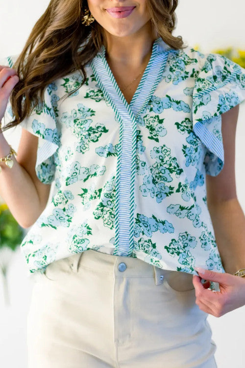 Green Floral Meets Stripes Top