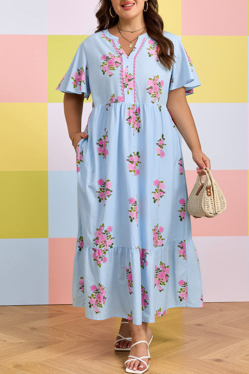 Blue Floral Print Plus Dress