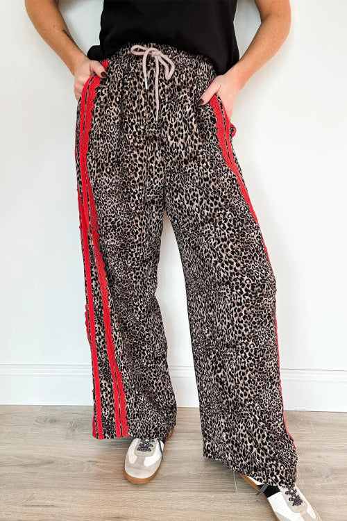 Brown Leopard Pants with Red Side Detail