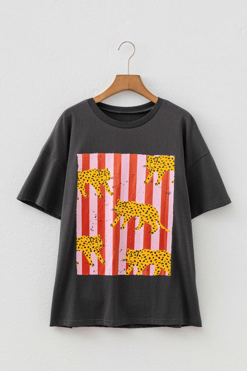 Grey Cheetah Print Striped Tee