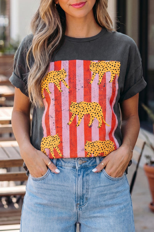 Grey Cheetah Print Striped Tee