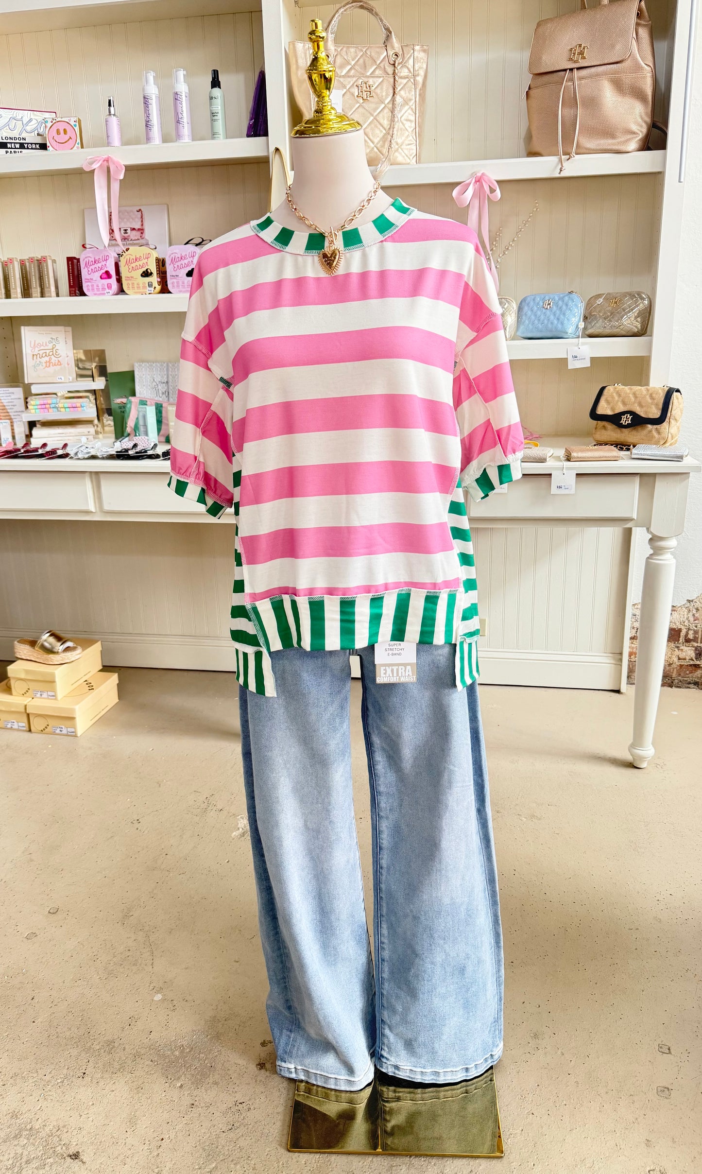 Pink Stripe Exposed Hem Top