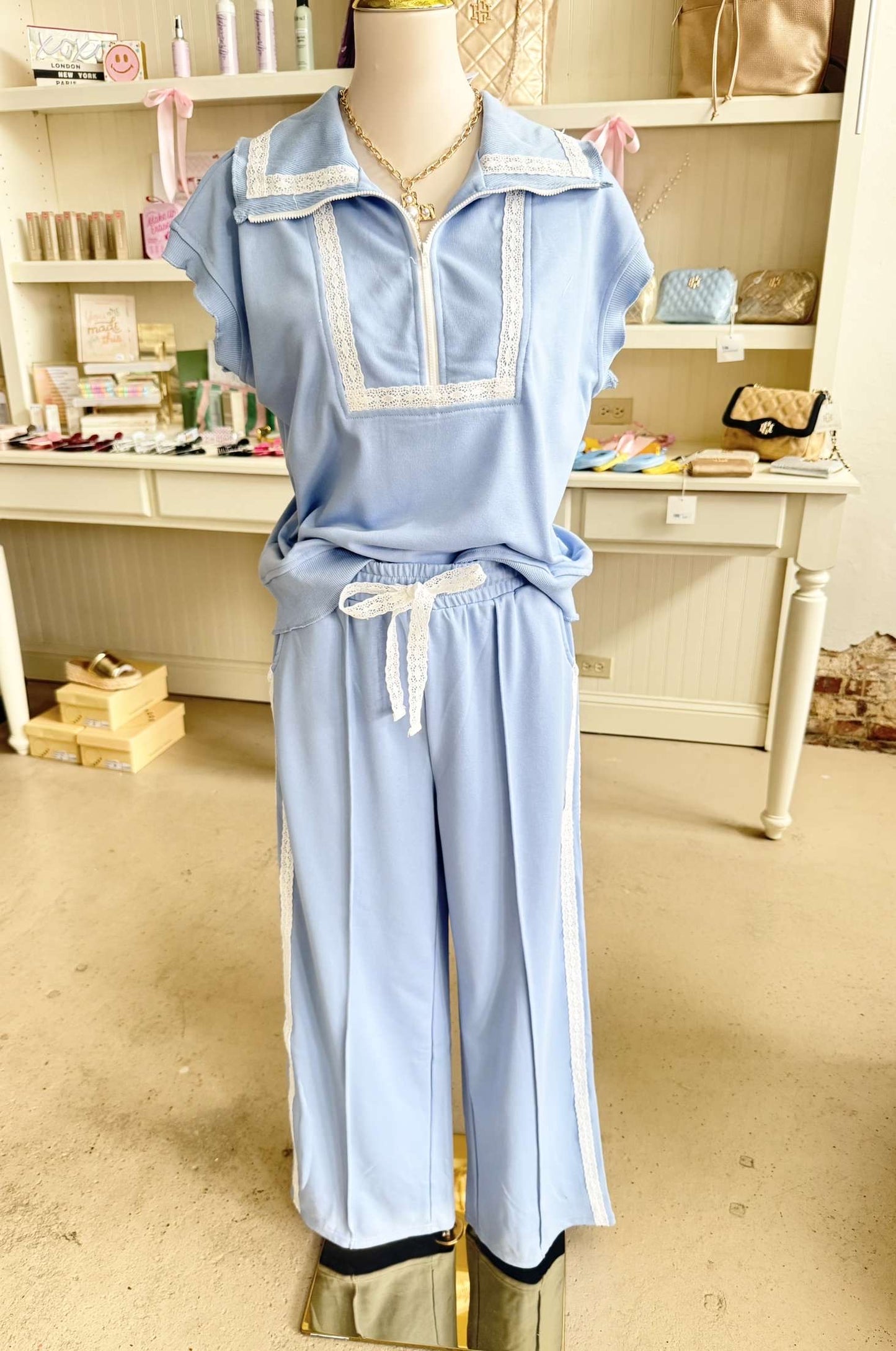 Blue Pants Set with Lace Detail