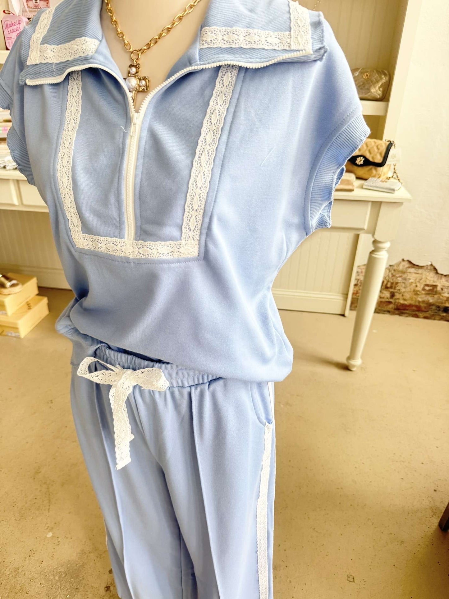 Blue Pants Set with Lace Detail